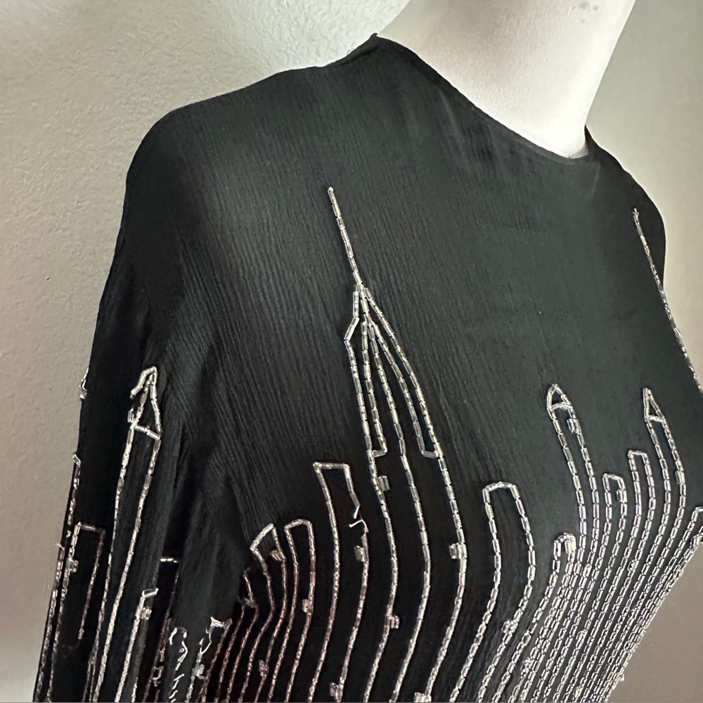 Vintage Beaded Silk Blouse Black Silver Skyline Moon Stars India Women’s Sz S